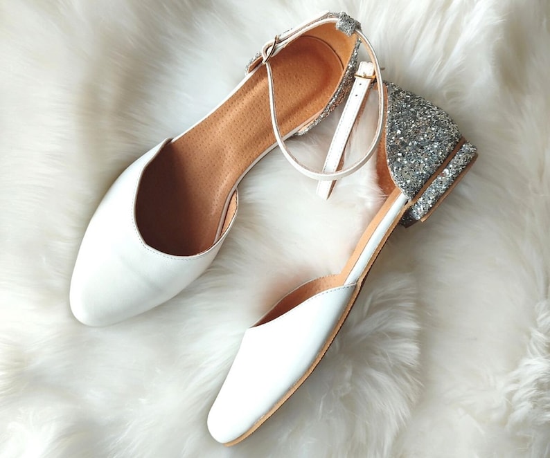 Backyard Marriage, Silver Glitter & White Leather Wedding Shoes, Closed Toe Flat Sandal, Ankle Wrap Closure, Wedding Gown Shoes, Flower Girl shops