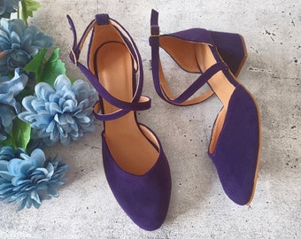 Deep Royal Purple Wedding Ankle Wrap Shoes, Purple Dress Shoes, Cross Front Closure, Ceremony Coloured Heels, Perfect Wedding Elegance