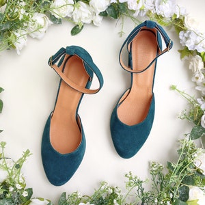 Emerald Wedding Gown Shoes, Suede Leather Medium Block Comfy Heeled Sandals, Single Ankle Strap Closing, Bridesmaids' Option, Wedding Favors