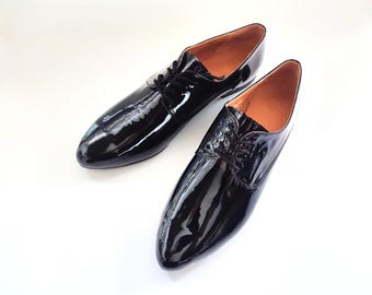 Women's Pointed Toe Oxford Shoes, Black Patent Leather, Low Heel, Formal, Casual Dress, Lace Up Comfortable Flats