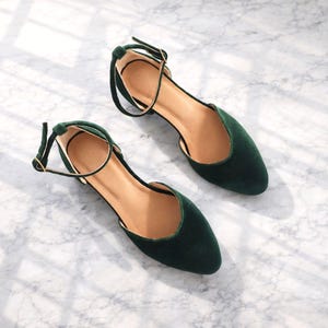 Green Velvet Women's Pointed Toe Shoes, Velvet Ballet Flats, Ankle Strap Closed Sandal, Dark Green V Cut Bridal Shoes, Velvet Low Heel Pumps image 1