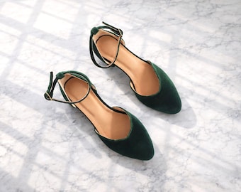 Green Velvet Women's Pointed Toe Shoes, Velvet Ballet Flats, Ankle Strap Closed Sandal, Dark Green V Cut Bridal Shoes, Velvet Low Heel Pumps