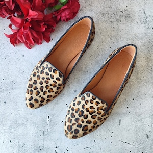 Pony Skin Flat Loafers for Women, Leopard Pointed Shoes, Handmade ...
