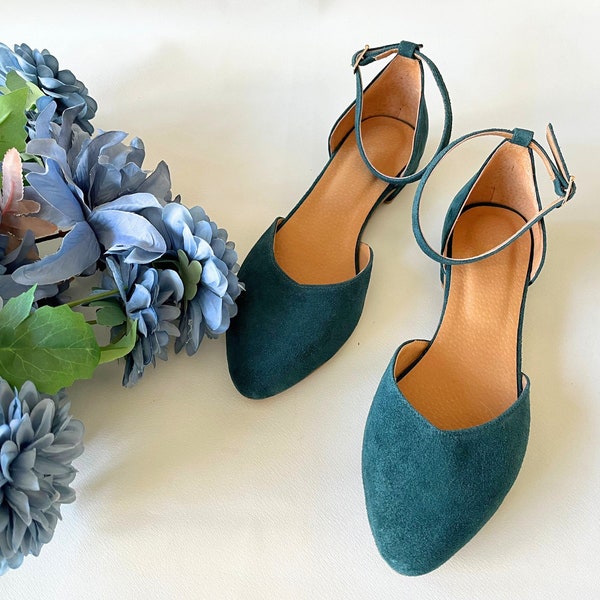 Petrol Green Flats with Leather Ankle Strap Closure, Low Heel Ballerinas for Wedding Bliss, Custom Emerald Closed-toe Sandals, Bridal Shoes