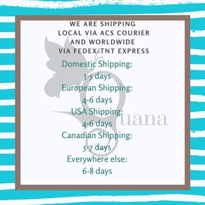May include: A graphic with a butterfly design and text that reads "WE ARE SHIPPING LOCAL VIA ACS COURIER AND WORLDWIDE VIA FEDEX/TNT EXPRESS" and lists estimated shipping times for domestic, European, USA, Canadian, and international orders.