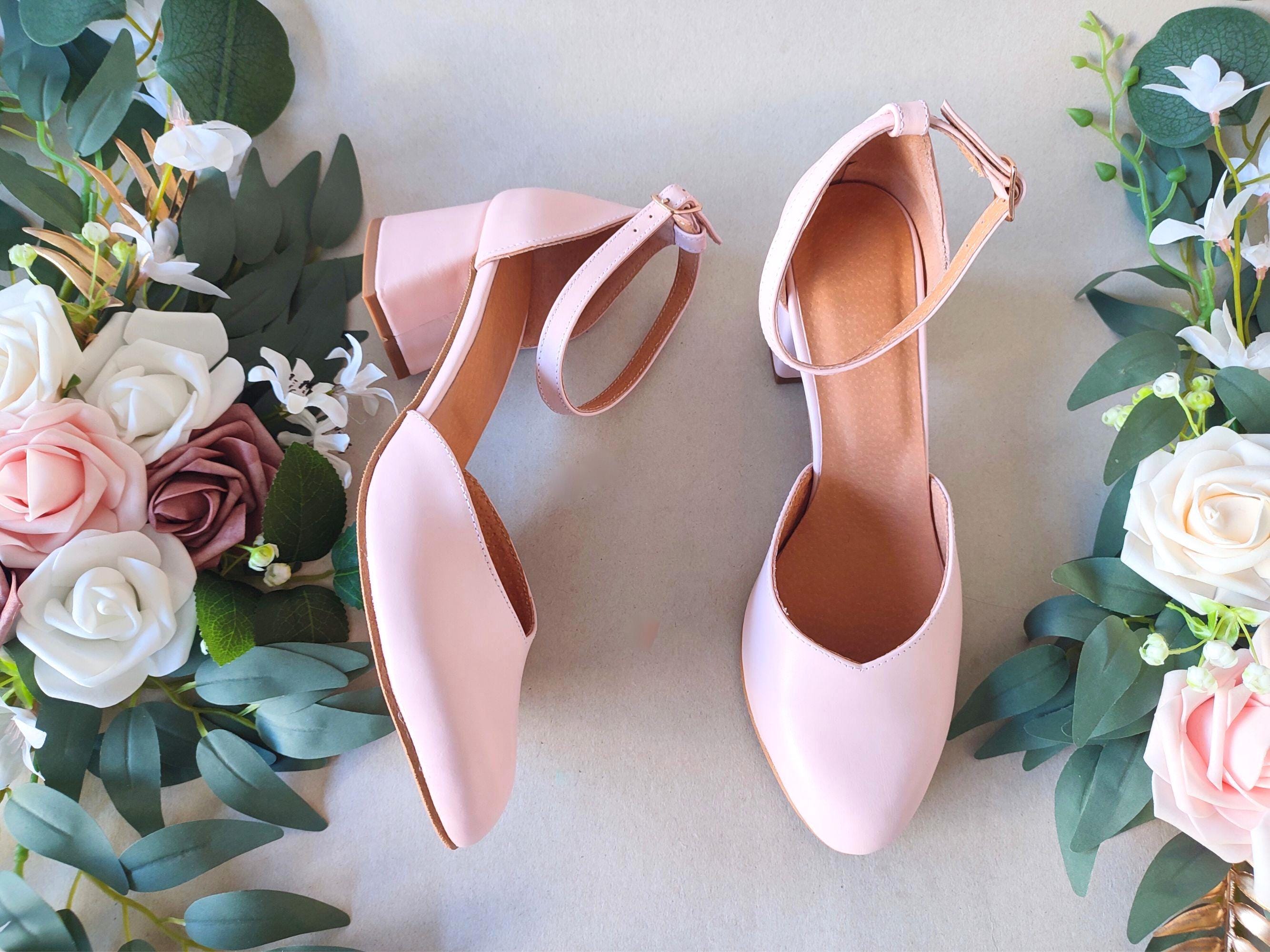 Pale Pink Wedding Pumps, Ankle Bracelet Closure, Timeless Baby Pink Block Mid-Heels, Smooth Pointed-Toe, Parties and Special Events Shoes