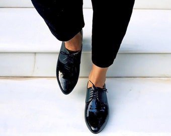 Oxford Leather Shoes In Black Color, Size 39 EU, Women Oxfords, Flat Leather Oxfords, Elegant Derby, Custom Shoes, Office Shoes for Women