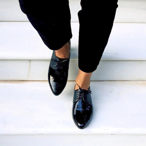 Oxford Leather Shoes In Black Color, Size 39 EU, Women Oxfords, Flat Leather Oxfords, Elegant Derby, Custom Shoes, Office Shoes for Women