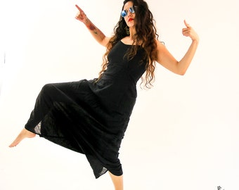 Artisanal Black Cotton Hemp like Siren Harem Jumpsuit Onesie