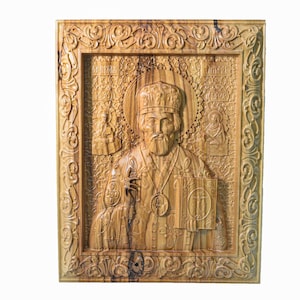 3D icon saint Nicolas carved in solid olive wood