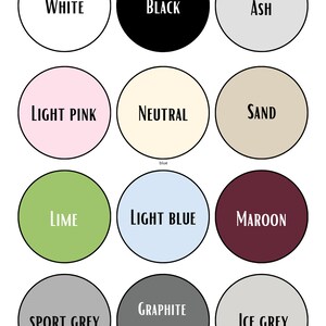 May include: A color chart with 12 different color swatches. The colors are: white, black, ash, light pink, neutral, sand, lime, light blue, maroon, sport grey, graphite heather, and ice grey.