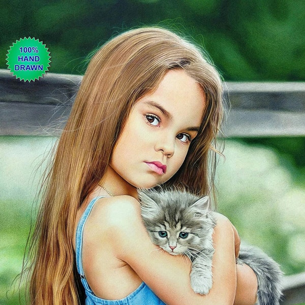 Colored Pencil Portrait from photo Custom Commission girl drawing . Realistic lifelike 100% hand drawn. Birthday girlfriend gift.