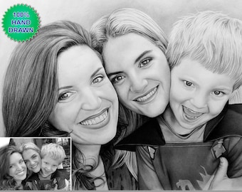 Graphite pencil Portrait from photo Custom Commission Family Couple baby child kid drawing. Realistic lifelike 100% hand drawing.