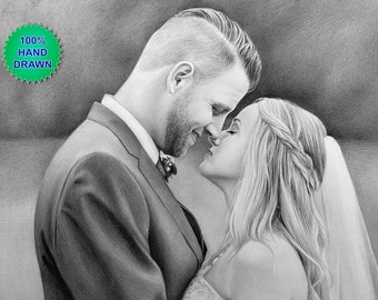 Graphite pencil Portrait from photo Custom Commission Family Couple portrait. 1st wedding anniversary gift. Handdrawn lifelike portrait.