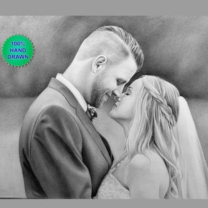 Graphite pencil Portrait from photo Custom Commission Family Couple portrait. 1st wedding anniversary gift. Handdrawn lifelike portrait.
