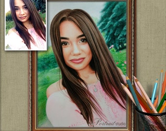 Retrato de niña personalizado a lápiz de color, personalizado a partir de una foto. Regalo de Navidad memorable para su novia. Dibujo realista a mano.