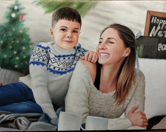 Custom Family child kids baby Portrait colored pencil drawing from photo. Christmas Anniversary Birthday family mom gift. Realistic Drawing.