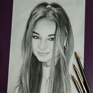 Custom Commission girls female Portrait graphite pencil Drawing from photo. Christmas Birhtday Gift. Realistic 100% hand drawing.
