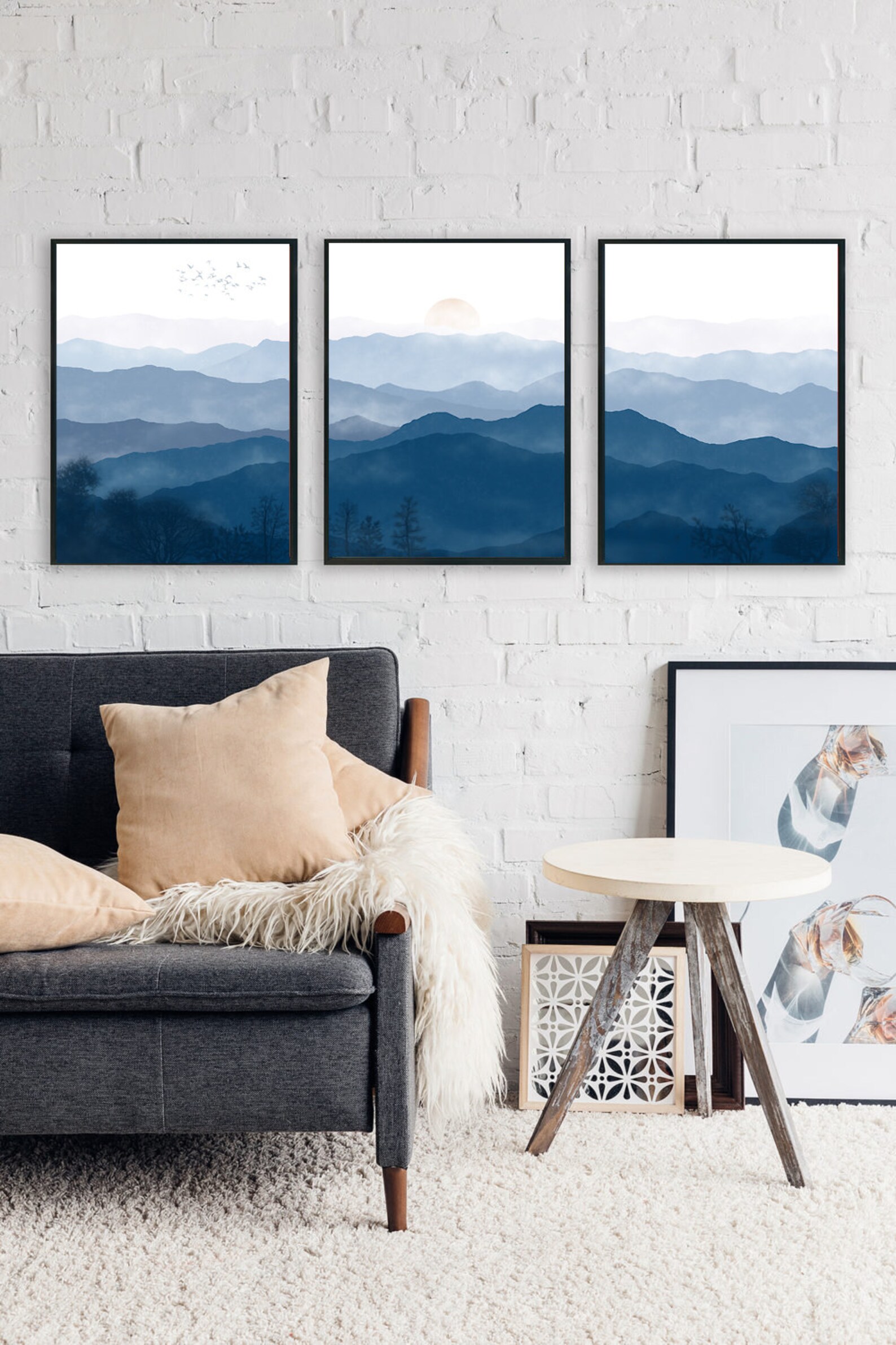 Blue ridge mountains wall art Set of 3 prints Abstract navy Etsy