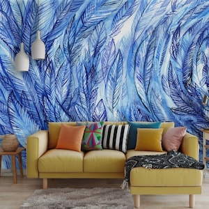 Self-Adhesive Peel and Stick Watercolour Blue Purple Feather Texture Bedroom Wallpaper Wall Mural Art Unusual Boho Artistic Graphic