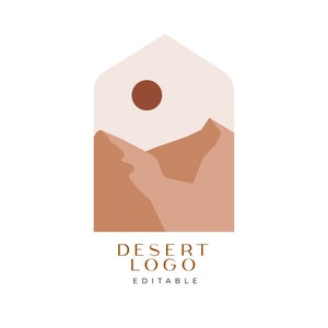 Könnte beinhalten: Ein minimalistisches Logo-Design mit einer stilisierten Wüstenlandschaft mit einer braunen Sonne und tanfarbenen Bergen. Der Text "DESERT LOGO EDITABLE" befindet sich unter dem Bild.