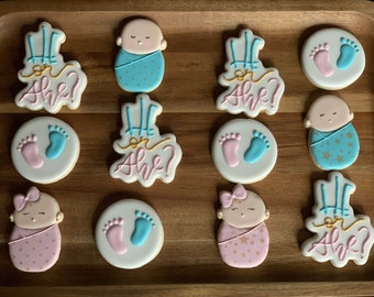 Boy Or Girl He Or She Gender Reveal Swaddled Baby Cookies 1 Etsy