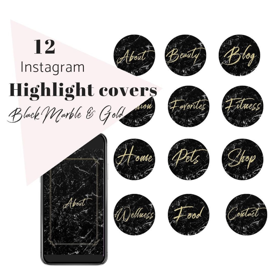 12 IG Story Highlight Covers Black Marble and Gold Etsy UK