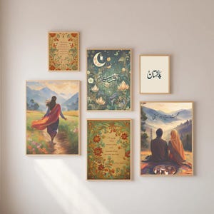 May include: A set of six framed art prints. The prints feature floral designs, landscape paintings, and Urdu calligraphy. The colour palette includes beige, green, blue, and red. The prints are displayed on a white wall.