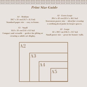 May include: A beige print size guide with text and diagrams. The guide lists A2, A3, A4, and A5 paper sizes with dimensions in inches and centimeters. The text describes each size, including "extra large," "large," "medium," and "small."