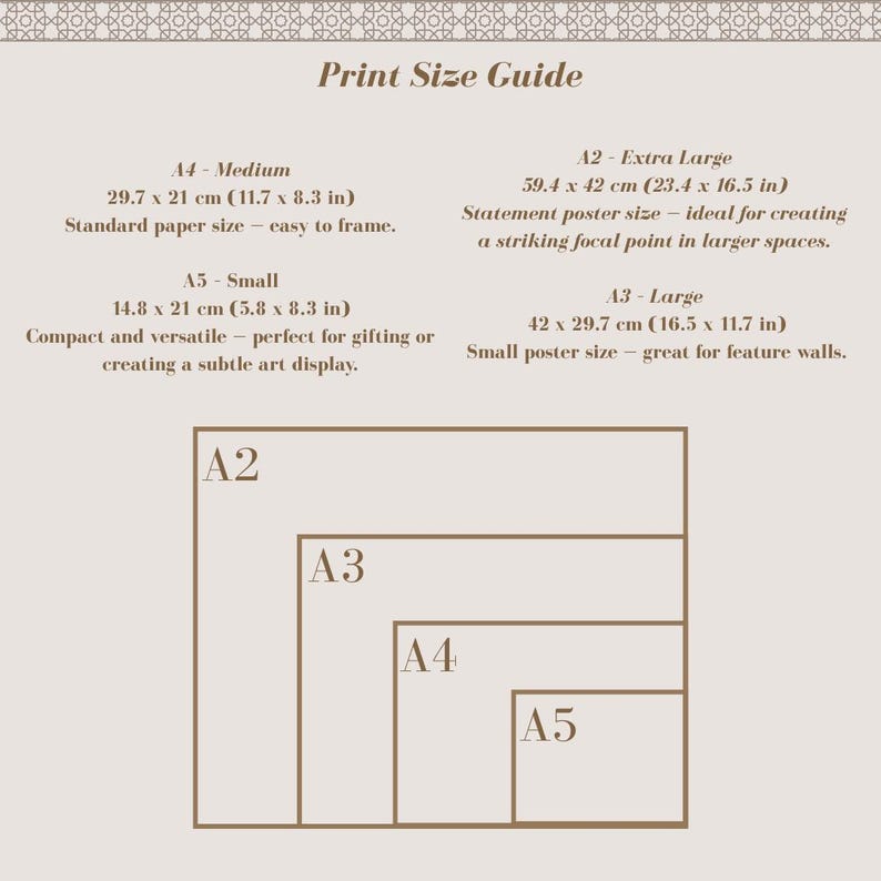 May include: A beige print size guide with text and diagrams. The guide lists A2, A3, A4, and A5 paper sizes with dimensions in inches and centimeters. The text describes each size, including "extra large," "large," "medium," and "small."
