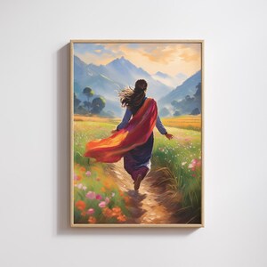 May include: A framed art print showing a person walking through a wildflower meadow towards mountains. The person wears a long, flowing red scarf. The artwork has a warm colour palette, with a sense of movement.
