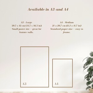 May include: Two framed posters, A3 and A4 sizes, displayed on a white wall. The A3 poster measures 29.7 x 42 cm, and the A4 is 21 x 29.7 cm. Text indicates these are large and medium sizes, suitable for feature walls and framing.