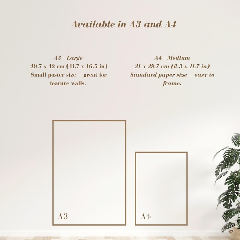 May include: Two framed posters, A3 and A4 sizes, displayed on a white wall. The A3 poster measures 29.7 x 42 cm, and the A4 is 21 x 29.7 cm. Text indicates these are large and medium sizes, suitable for feature walls and framing.