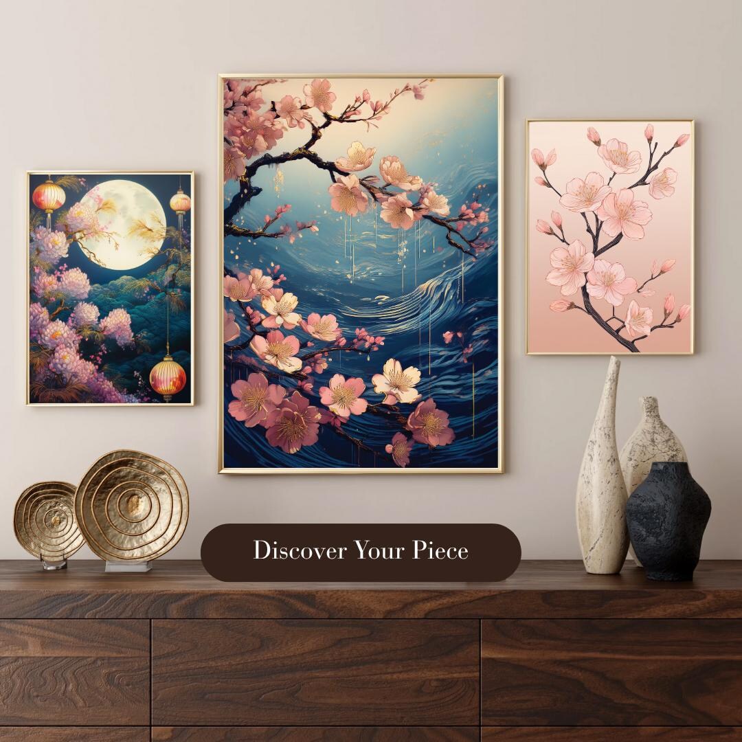 Japanese Cherry Blossom Art Print | Ocean Wave Floral Wall Decor - Etsy