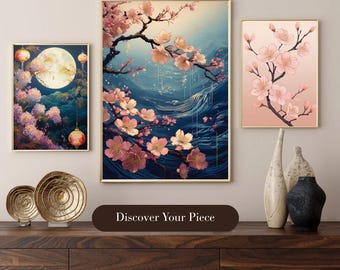 Japanese Cherry Blossom Art Print | Ocean Wave Floral Wall Decor