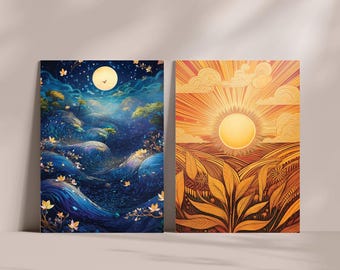 Sun and Moon Art Print Set: Celestial Day and Night Decor
