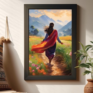 May include: Framed art print showing a person walking through a field of flowers towards mountains. The person wears a blue top and a flowing red shawl. The artwork is set in a black frame.