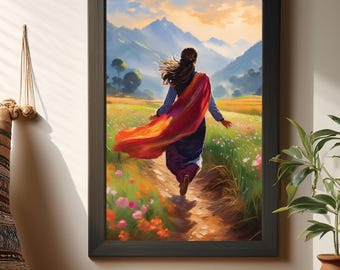Pakistani Woman Art Print: Dupatta Landscape, South Asian Decor