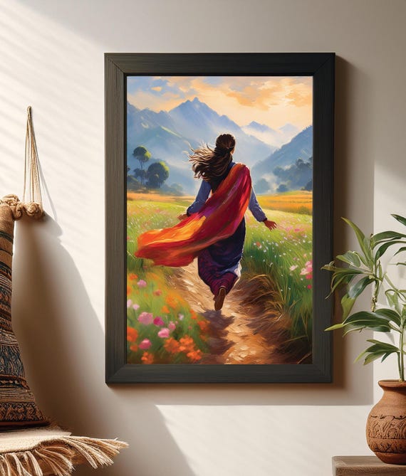 Pakistani Woman Art Print: Dupatta Landscape, South Asian Decor