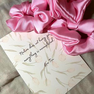 May include: Several bright pink satin scrunchies next to a card decorated with a floral pattern and the quote "Nature does not hurry, yet everything is accomplished" by Lao Tzu. The scrunchies are a vivid pink.