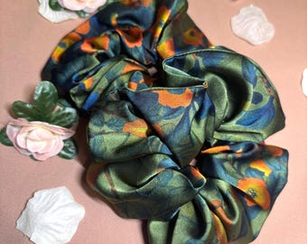 Handmade Deep Floral Silk Scrunchie – Patterned Hair Tie