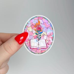 Rose Stained Glass Sticker | Holographic Romance Bookish Sticker for Kindle