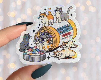 Cat Sticker | Cat Serotonin Booster Meds Sticker |  Holographic Glitter Vinyl | Cat Lovers Glitter Sticker