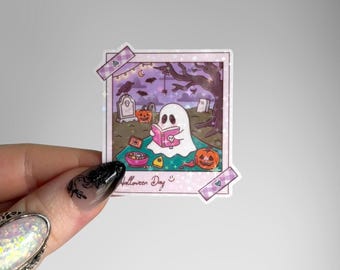 Reading Ghost Sticker | Holographic Spooky Season Photo Sticker for Kindle
