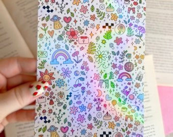 Kindle Case Insert | Holographic Case Insert for E-Readers | Cartoon Doodle Kindle Insert | Bookish Gifts | Glitter Cardstock Decor