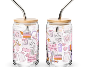 Taza de cristal con diseño de libros y pajita para café helado acogedor con tapa y pajita