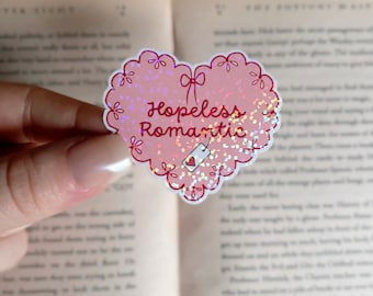 Reading Sticker | Holographic Hopeless Romantic Sticker | Waterproof Laptop, Kindle, E-Reader Sticker | Vinyl Glitter Heart | Bookish Gift