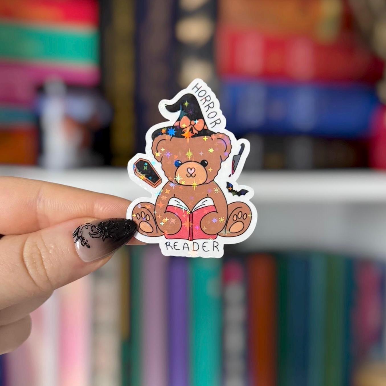 Horror Reader Teddy Bear Sticker Holographic Bookish Sticker for Kindle