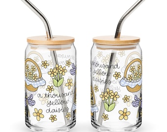 Yellow Daisies Glass Cup | Cozy Book Lover Iced Coffee Cup with Lid & Straw