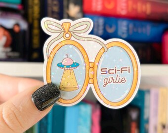 Sci Fi Reader Sticker | Sci Fi Girlie Locket Holographic Sticker | Kindle Sticker | Vinyl Glitter Sticker | Bookish Sticker for Reader
